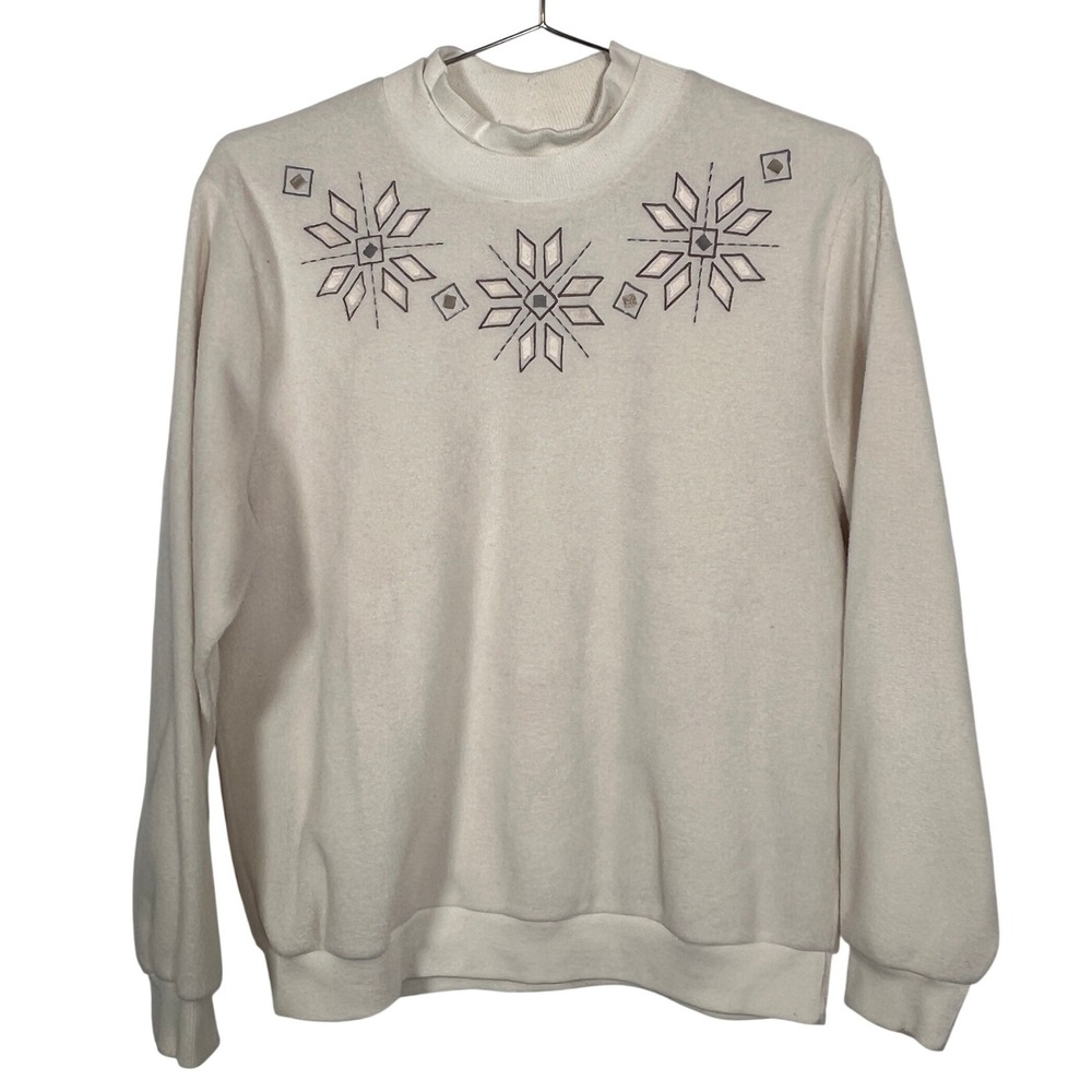 Alia Sport Vintage Cream Mock‎ Neck Snowflake Embroidered Sweatshirt Med